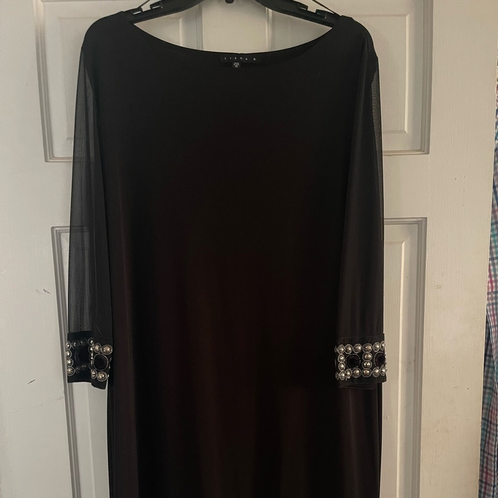 Tiana B. Black Dress Sz 16 Silver Embellished Edges 3/4 Sleeves-